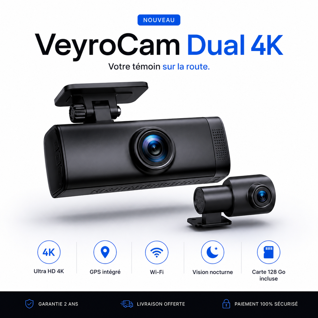 Dashcam VeyroCam Dual 4K — caméra embarquée avant et arrière avec Wi-Fi, GPS et carte microSD 128 Go