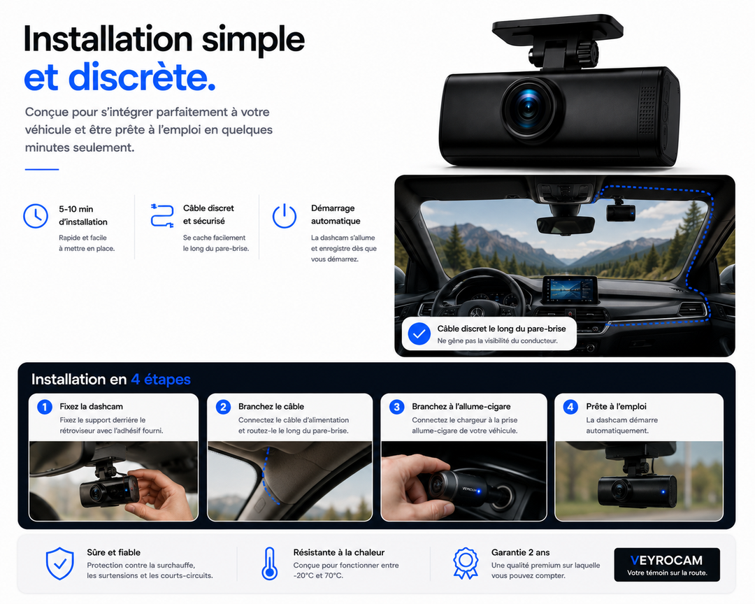 VeyroCam Dual 4K — enregistrement en boucle, mode parking et détection de collision